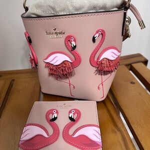 Kate Spade flamingo bucket purse and wallet